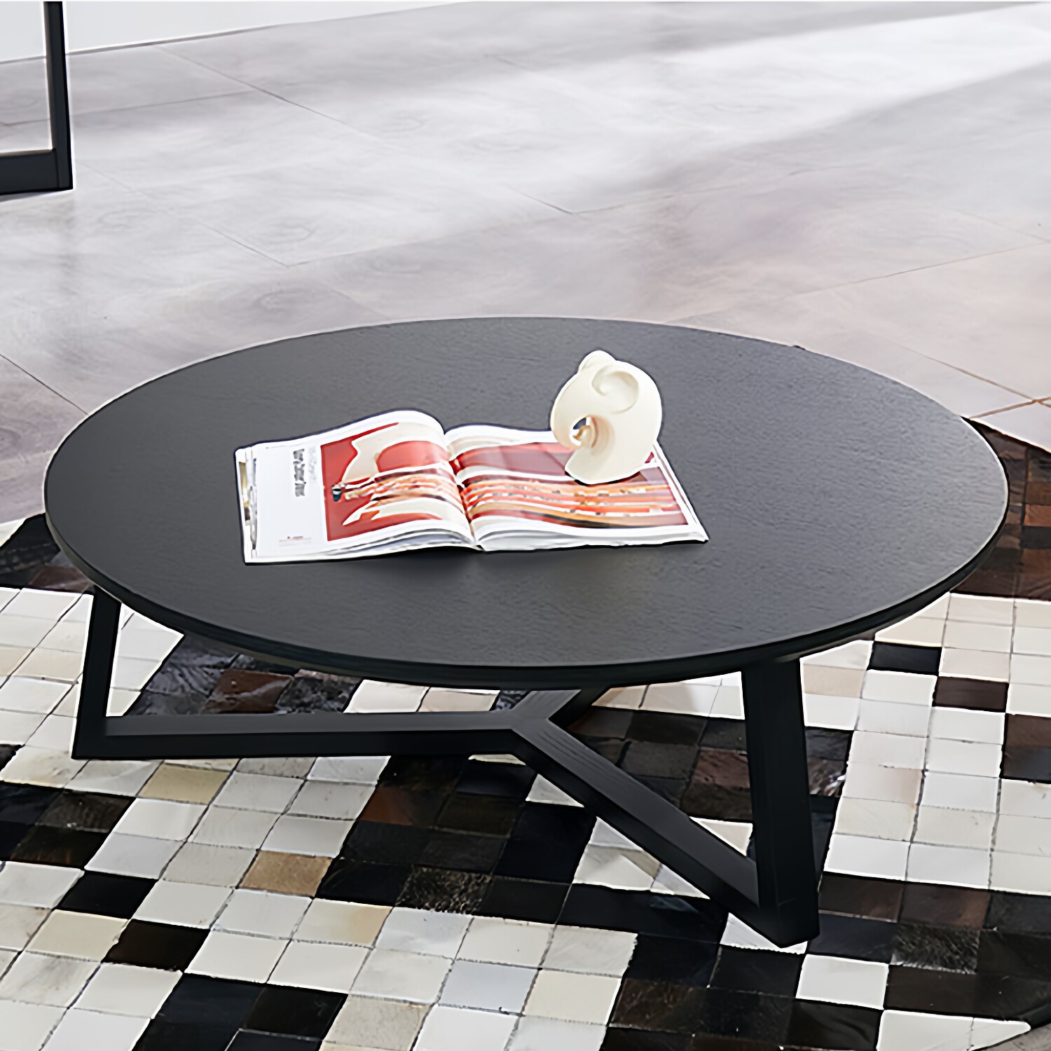 北欧黑色实木圆形茶几现代简约会客厅茶桌 轻奢家用1米圆几小桌子