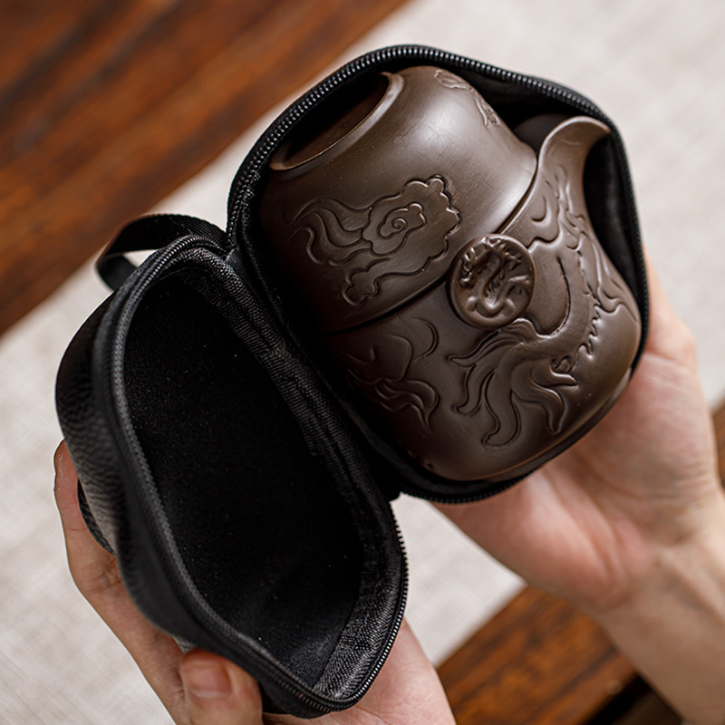 浮雕腾龙紫砂旅行茶具一壶三杯套装户外露营泡茶便携式车载快客杯,餐饮具,旅行茶具,淘宝优惠券,粉丝福利购,淘宝优惠卷