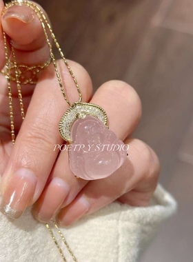 S925纯银镀18k黄金芙蓉粉碧玺佛公镶钻项链笑佛弥勒佛大肚佛吊坠