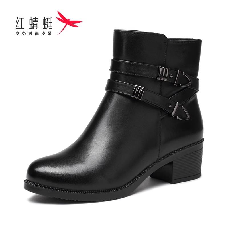红蜻蜓女鞋冬季新款粗跟短靴牛皮中跟加绒保暖舒适透气防滑妈妈鞋
