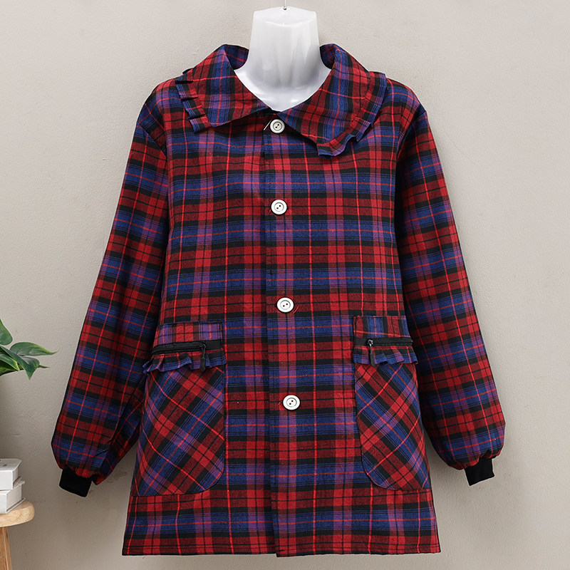 护衣罩衣大人女工作服防污冬季格子带袖正穿衣厨房韩版时尚纽扣