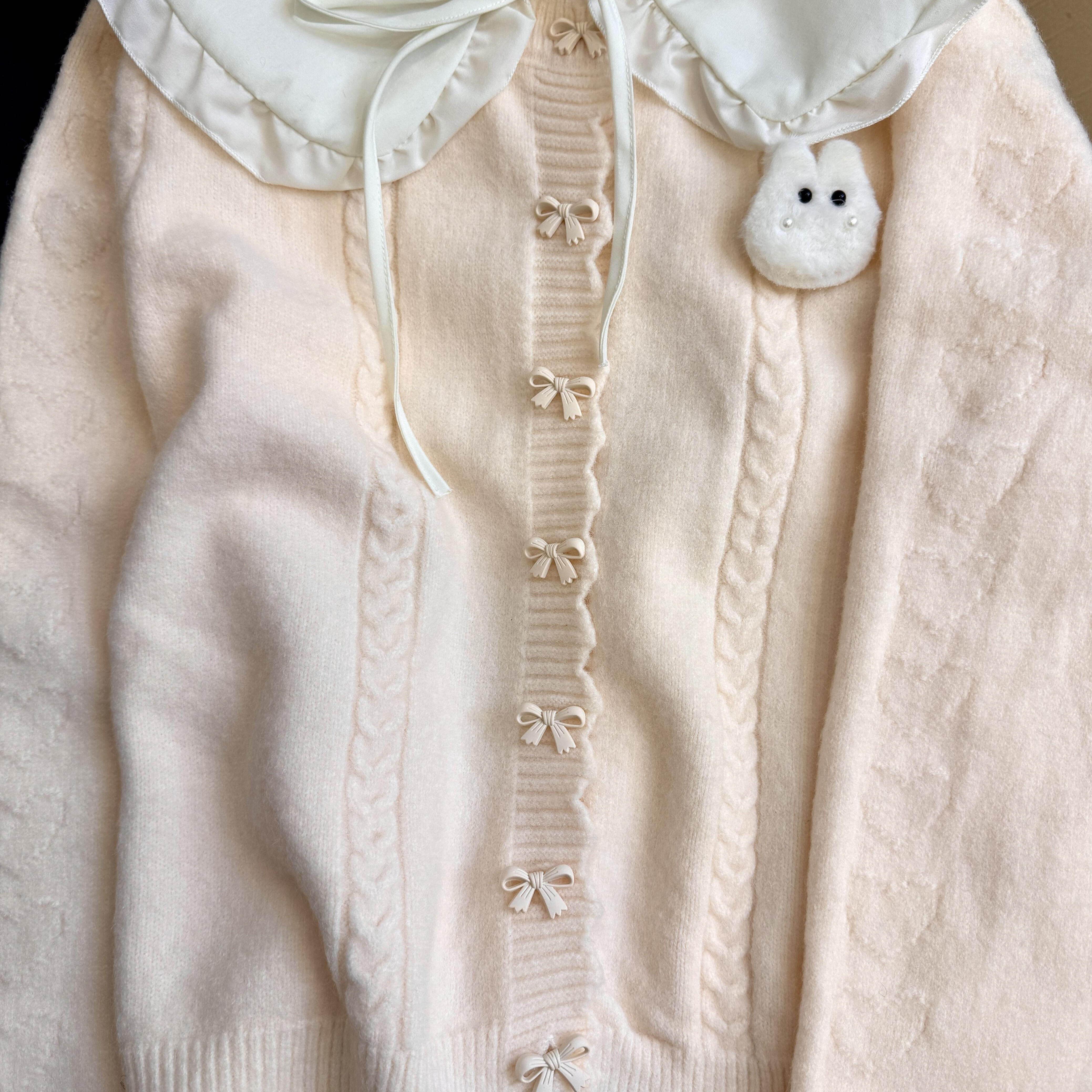 法式娃娃领长袖针织衫女秋冬款立体蝴蝶结开衫软糯奶fufu麻花外套