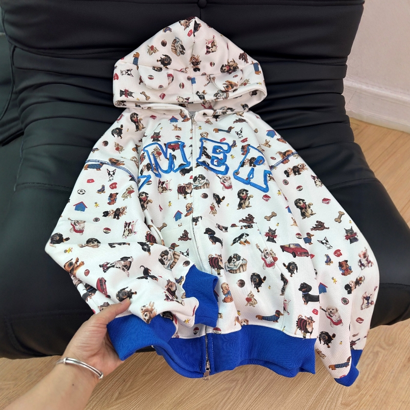 KFCAG美式复古狗狗满印耳朵连帽卫衣女秋季宽松休闲开衫情侣外套