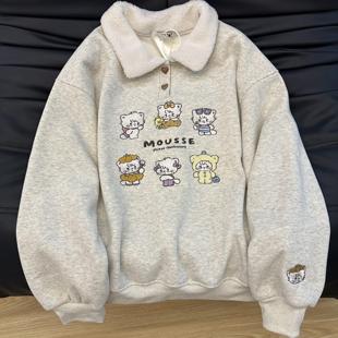 韩系小众设计款 加绒加厚卫衣女猫咪刺绣宽松减龄polo领保暖上衣潮