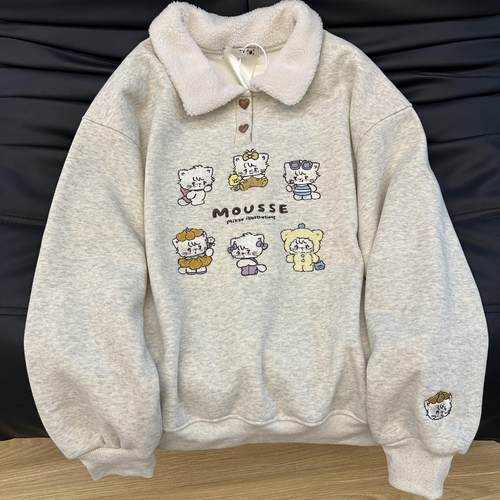 韩系小众设计款加绒加厚卫衣女猫咪刺绣宽松减龄polo领保暖上衣潮