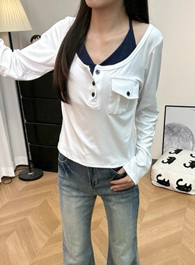 KFCAG 美式复古白色V领排扣真两件长袖T恤简约低胸收腰上衣套装