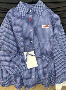 KFCAG miu系学姐 2025年春季外穿宽松蓝色格子衬衣长袖衬衫女