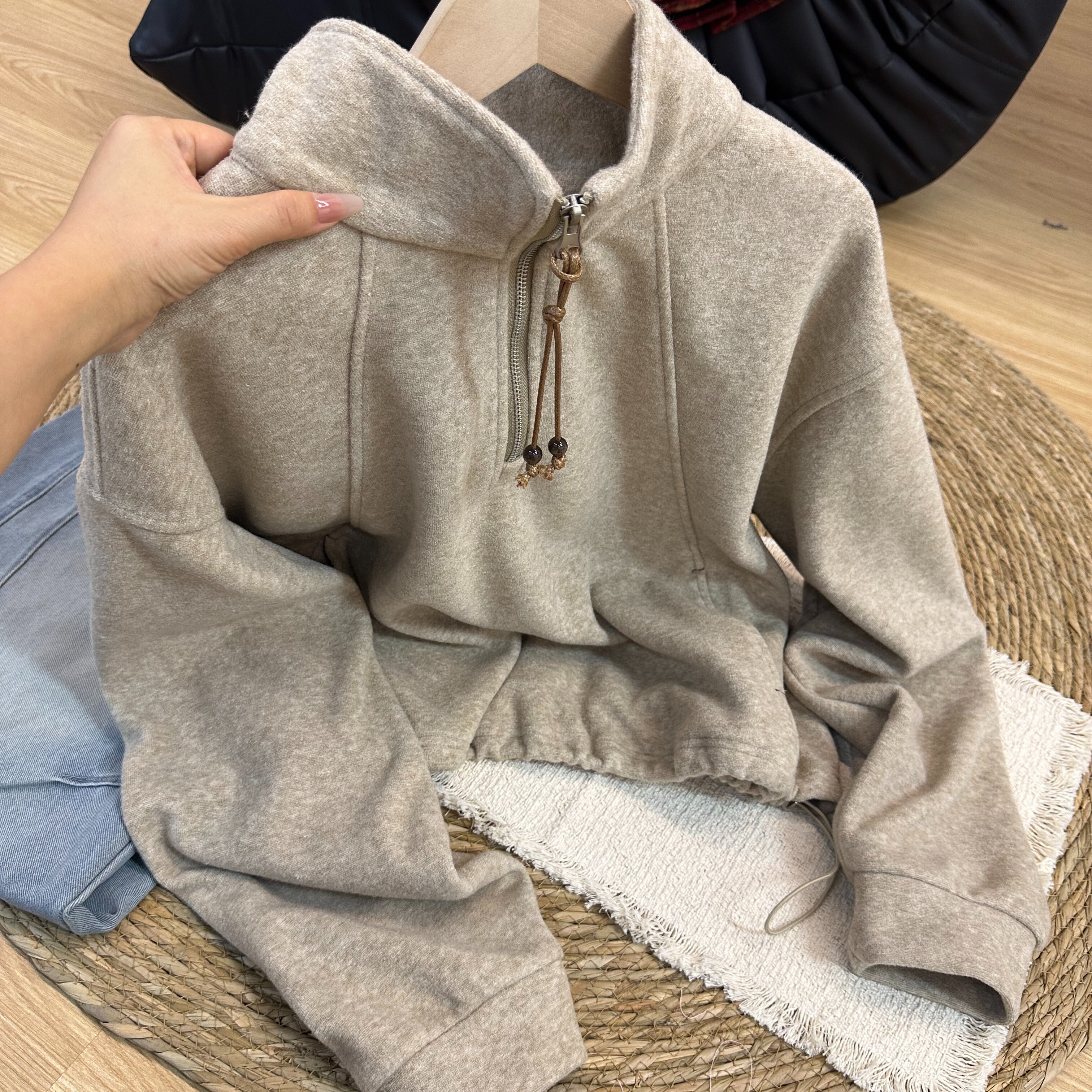 立领半拉链卫衣女外套宽松慵懒