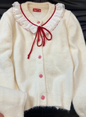 2025年秋冬甜美蝴蝶结系带蕾丝娃娃针织开衫气质小个子毛衣外套女