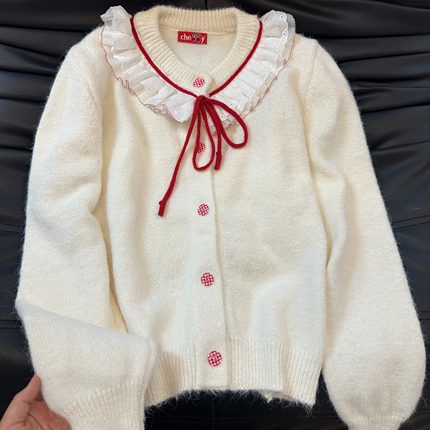 2025年秋冬甜美蝴蝶结系带蕾丝娃娃针织开衫气质小个子毛衣外套女