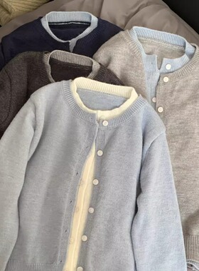 秋季韩系chic拼接撞色假两件灰色针织开衫外套女慵懒外搭毛衣上衣