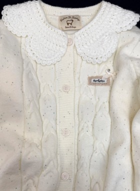 韩系甜美白色娃娃领拼接毛衣外套女春秋冬温柔风宽松休闲针织开衫