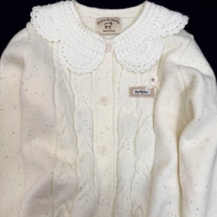 韩系甜美白色娃娃领拼接毛衣外套女春秋冬温柔风宽松休闲针织开衫