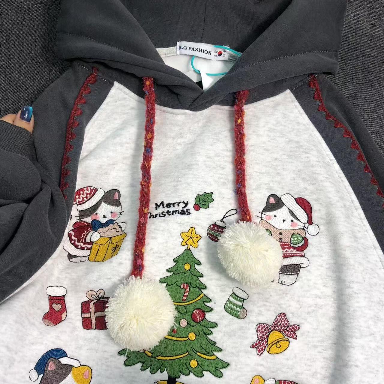 重工圣诞树小猫刺绣连帽卫衣女冬季暖呼呼宽松2025新款韩国上衣