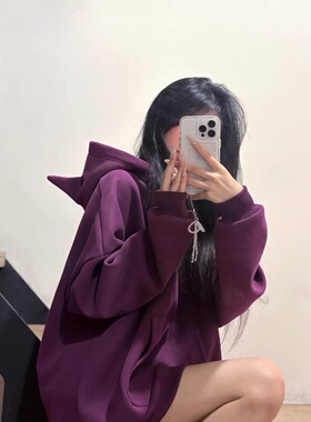 KFCAG 小恶魔冬季长袖加厚上衣宽松复合重磅加绒紫色连帽卫衣女