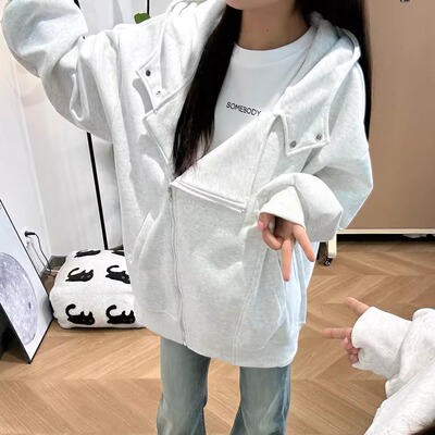 美式灰色连帽卫衣外套男女春季设计感oversize重磅双拉链女款开衫