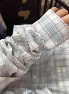 法式蓝色格子衬衫女夏季薄款2025新款防晒上衣宽松百搭学院风外套