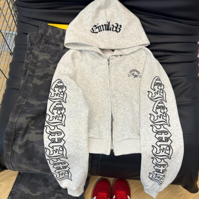 KFCAG 美式复古哥特风印花连帽短款卫衣女初秋宽松慵懒风拉链外套