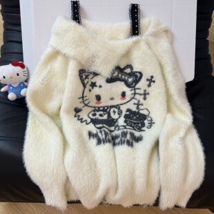 KFCAG甜酷kitty猫马海毛露肩毛衣女秋冬加厚软糯针织衫一字肩上衣