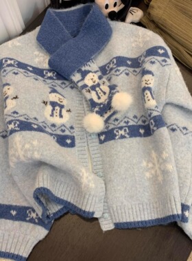 2024年秋季款软糯减龄可爱雪人提花圆领奶乎乎蓝色针织毛衣上衣女