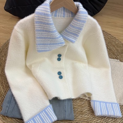 小香风撞色条纹针织衫女秋冬