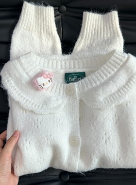 早秋季韩系穿搭白色镂空娃娃领针织开衫毛衣女甜美长袖外搭小上衣