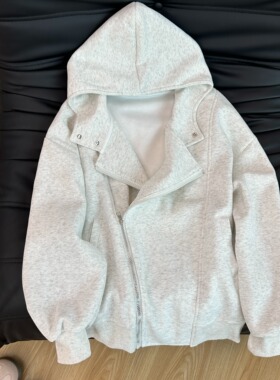 美式灰色连帽卫衣外套女春季设计感oversize重磅加绒加厚女款开衫