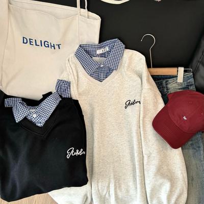 美式藏青色正肩连帽卫衣女春秋款加绒加厚小个子女款长袖上衣秋冬