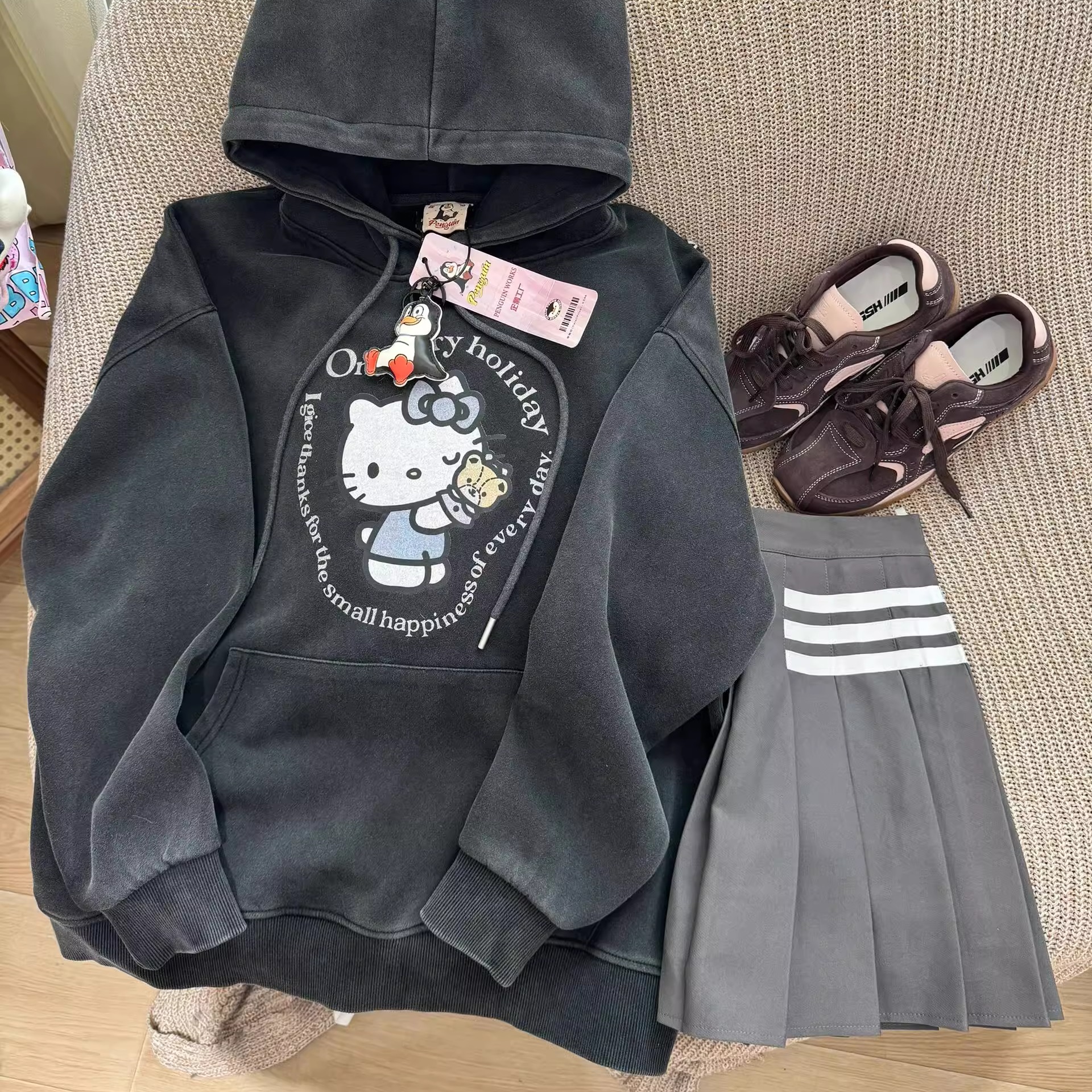 KFCAG自制上衣慵懒风宽松显瘦Kitty猫印花连帽美式卫衣女春秋