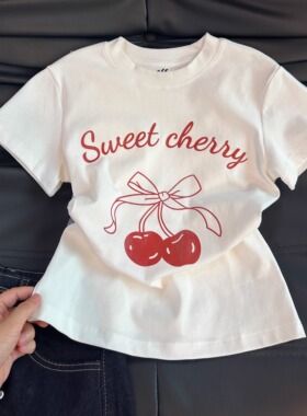 白色修身短袖正肩女t恤夏新款设计感小众红色樱桃甜美收腰上衣女