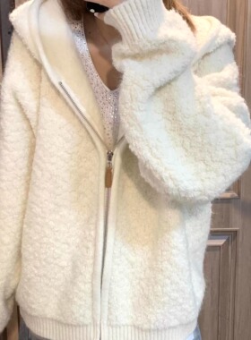 KFCAG 摇粒绒外套女冬季白色加绒毛衣开衫加厚连帽毛毛针织上衣