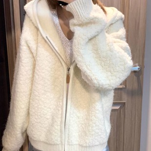 KFCAG 摇粒绒外套女冬季白色加绒毛衣开衫加厚连帽毛毛针织上衣