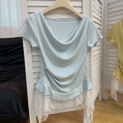 韩系简约蕾丝拼接荡领小衫T恤女夏日爆款不规则下摆独特漂亮上衣