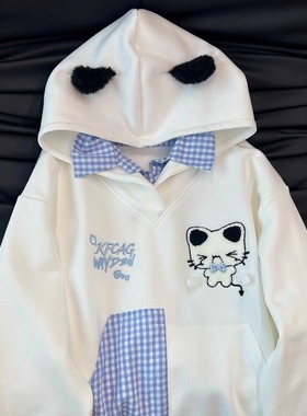 甜美可爱猫咪刺绣假两件连帽白色卫衣女宽松慵懒风2025年新款上衣