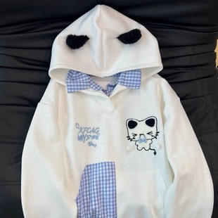 甜美可爱猫咪刺绣假两件连帽白色卫衣女宽松慵懒风2025年新款上衣
