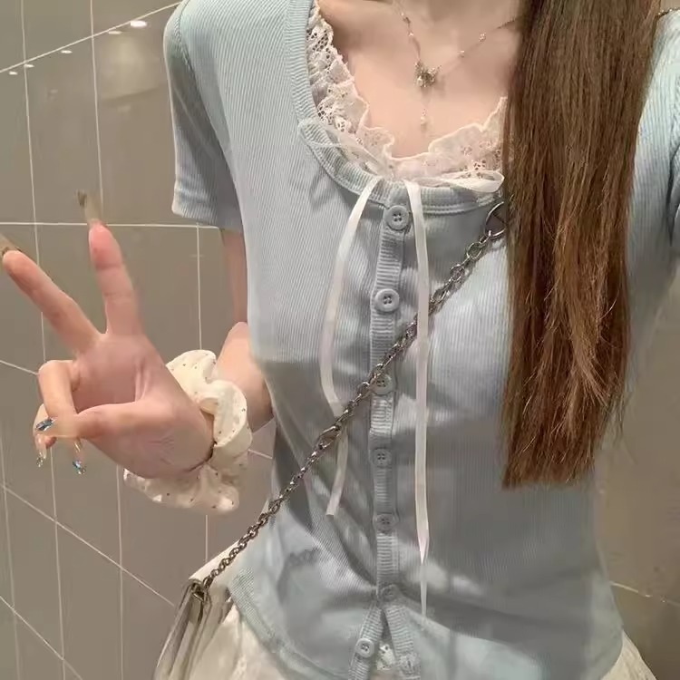 假两件蕾丝蝴蝶结短袖t恤女夏季绝美设计感小众显瘦修身上衣收腰