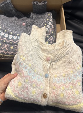 甜美软糯圆领韩式减龄提花毛衣女秋冬新款小个子纽扣设计开衫上衣