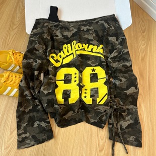 t恤女早秋露肩显瘦上衣 辣妹破坏感迷彩斜肩设计感长袖 KFCAG 美式