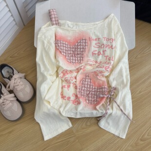 T恤女小众抽绳显瘦外穿早秋罩衫 甜辣风格 纹蝴蝶贴布斜肩吊带长袖