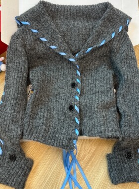 深灰色海军领加厚毛衣开衫外套女装早秋2025新款设计感短款针织衫