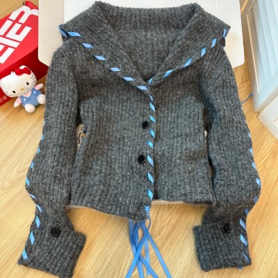 深灰色海军领加厚毛衣开衫