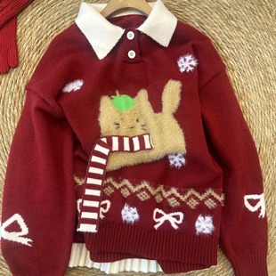 KFCAG 宽松POLO翻领毛衣 SHOP秋冬日系趣味围巾苹果小猫提花针织衫