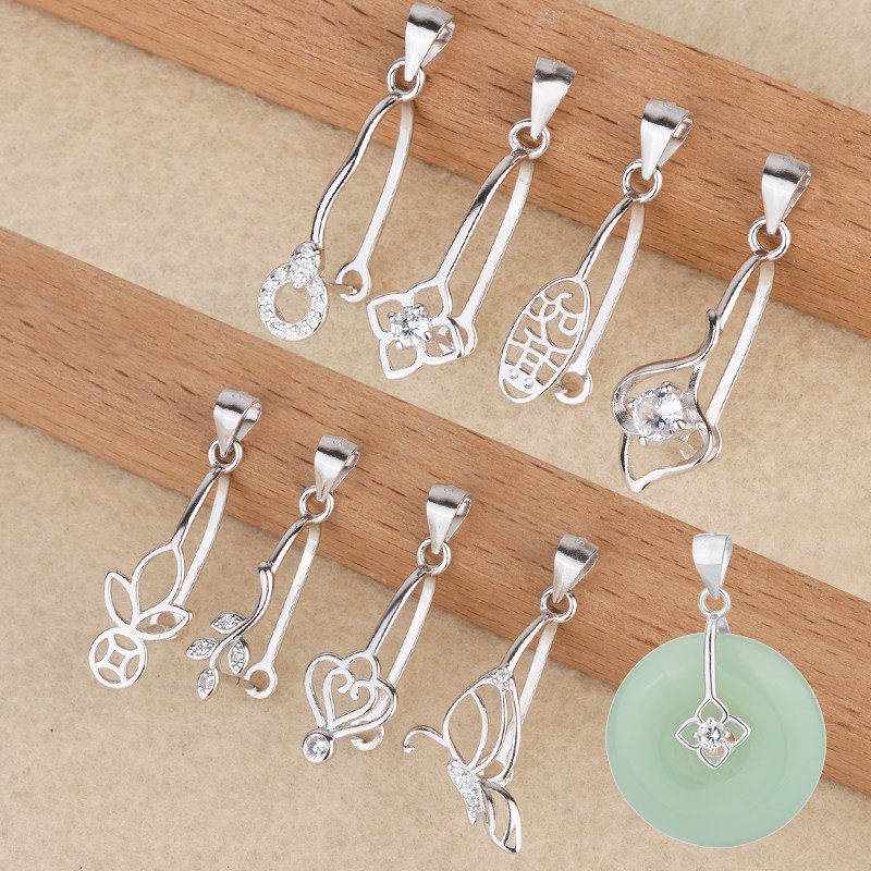 S925纯银平安夹扣翡翠吊坠空托通用配件diy扣头卡扣瓜子扣玉扣子