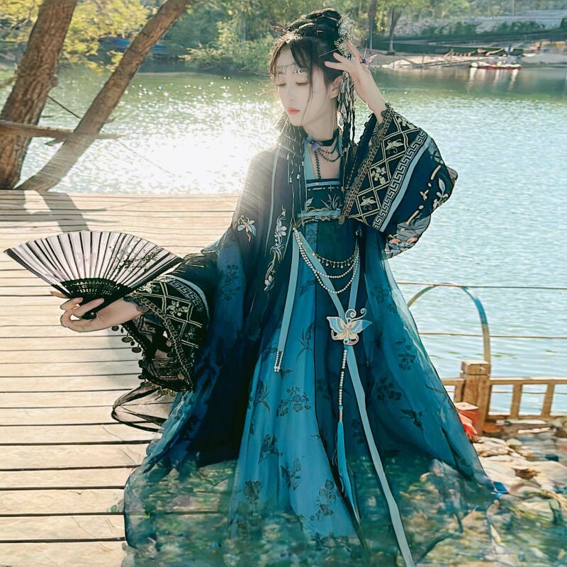 春夏季国风蝶蛊忆梦唐制汉服坦领复原风齐胸襦裙中国风对襟民族服