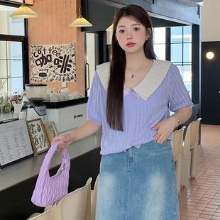 东莞市朗天服饰胖mm大码女装设计感娃娃领上衣夏短袖t恤女针织衫