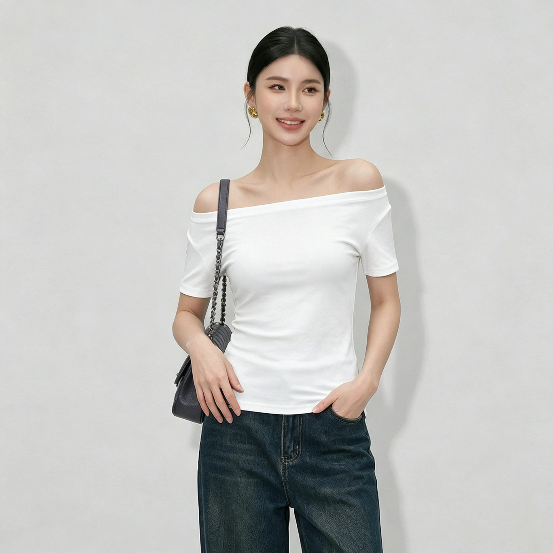 纯欲斜肩一字肩两穿短袖T恤女生夏季慵懒风纯色显瘦宽松露肩半袖