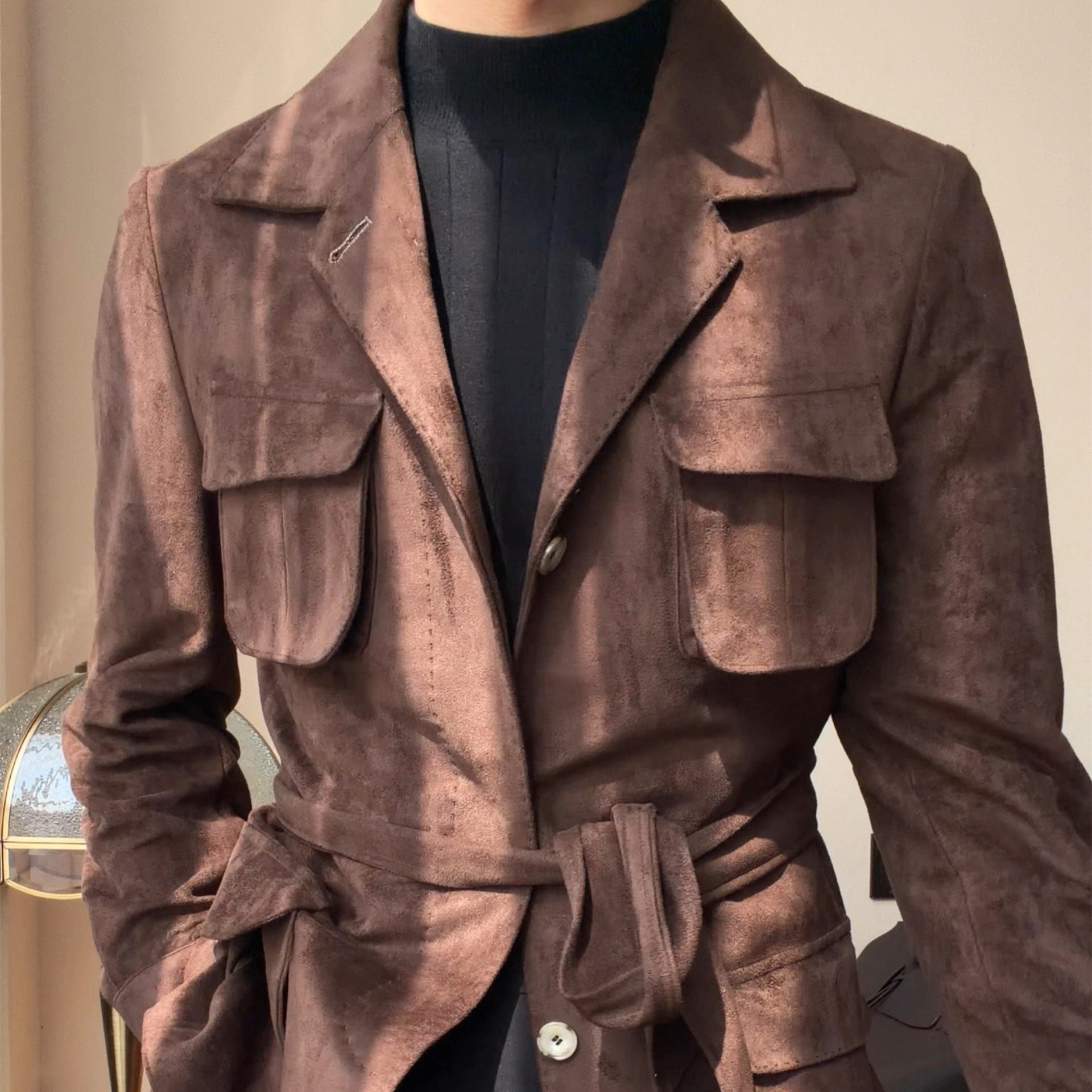 秋冬新款韩国韩版复古麂皮绒中长款猎装男英伦修身腰带多口袋夹克