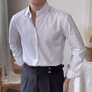 2025春夏新款韩版简约修身暗纹长袖衬衫男士英伦通勤八字领衬衣帅