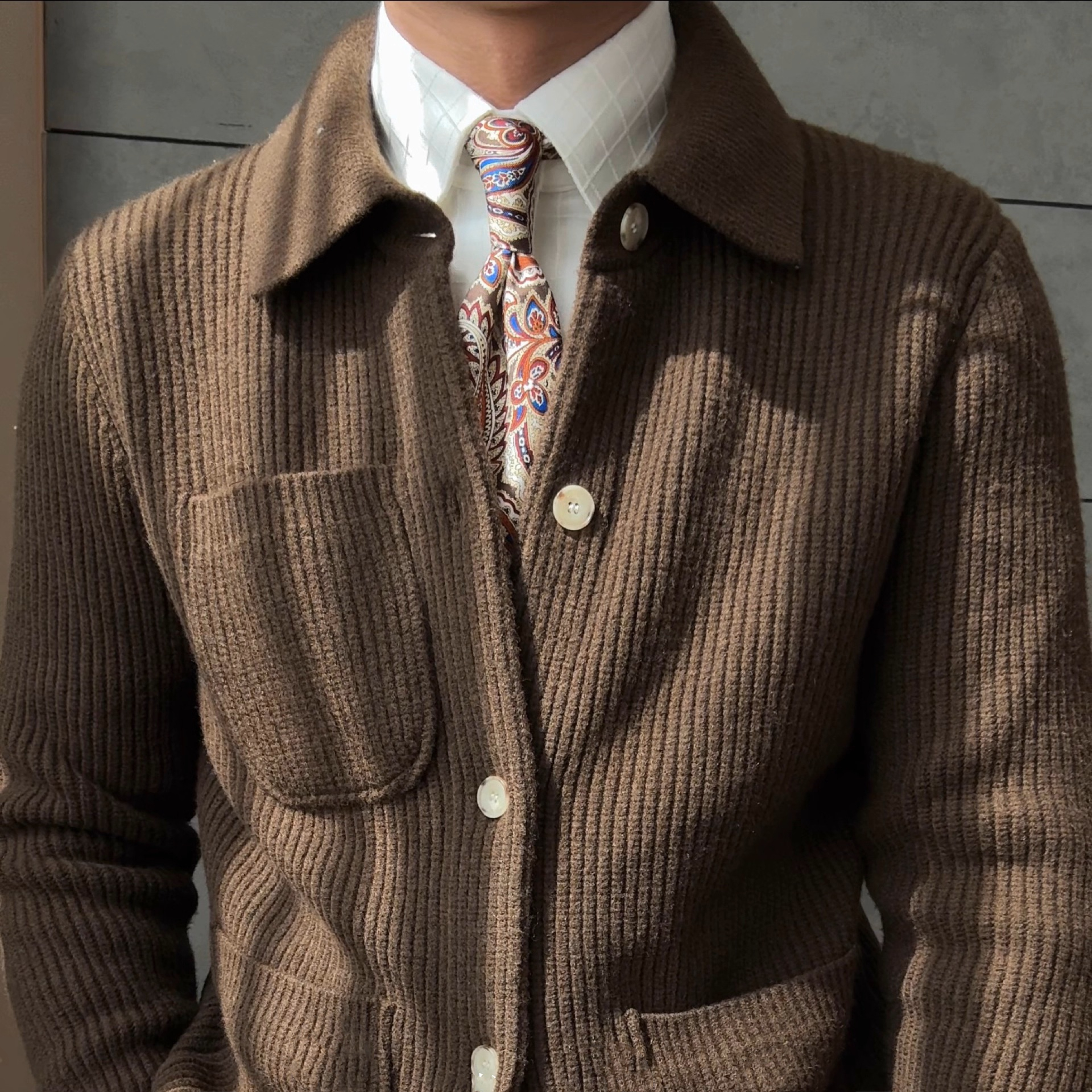 秋冬新款意式慵懒口袋加厚粗毛线开衫男韩版自制休闲翻领毛衣外套