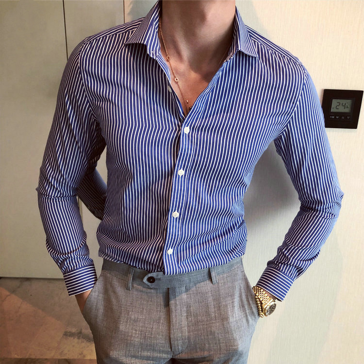2025秋季新款英伦商务自制条纹长袖衬衫男韩版修身帅气发型师衬衣